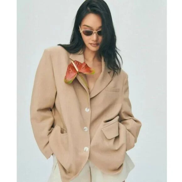 Anthropologie Maeve Oversized Blazer Jacket Pockets Menswear Neutral Beige XS/S - Picture 3 of 16